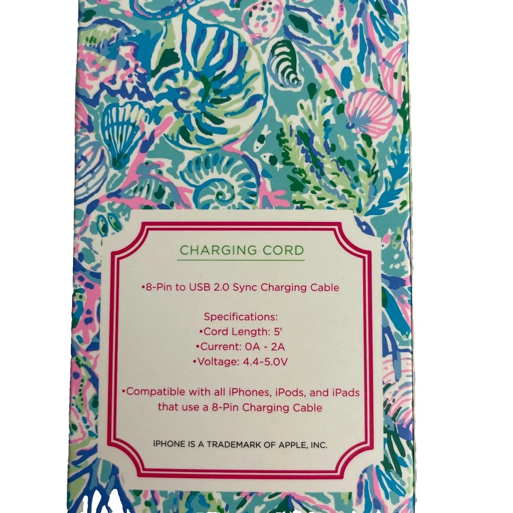Lilly Pulitzer Phone Charging Cord 5’ Soliel It On Me 8 Pin To USB 2.0
